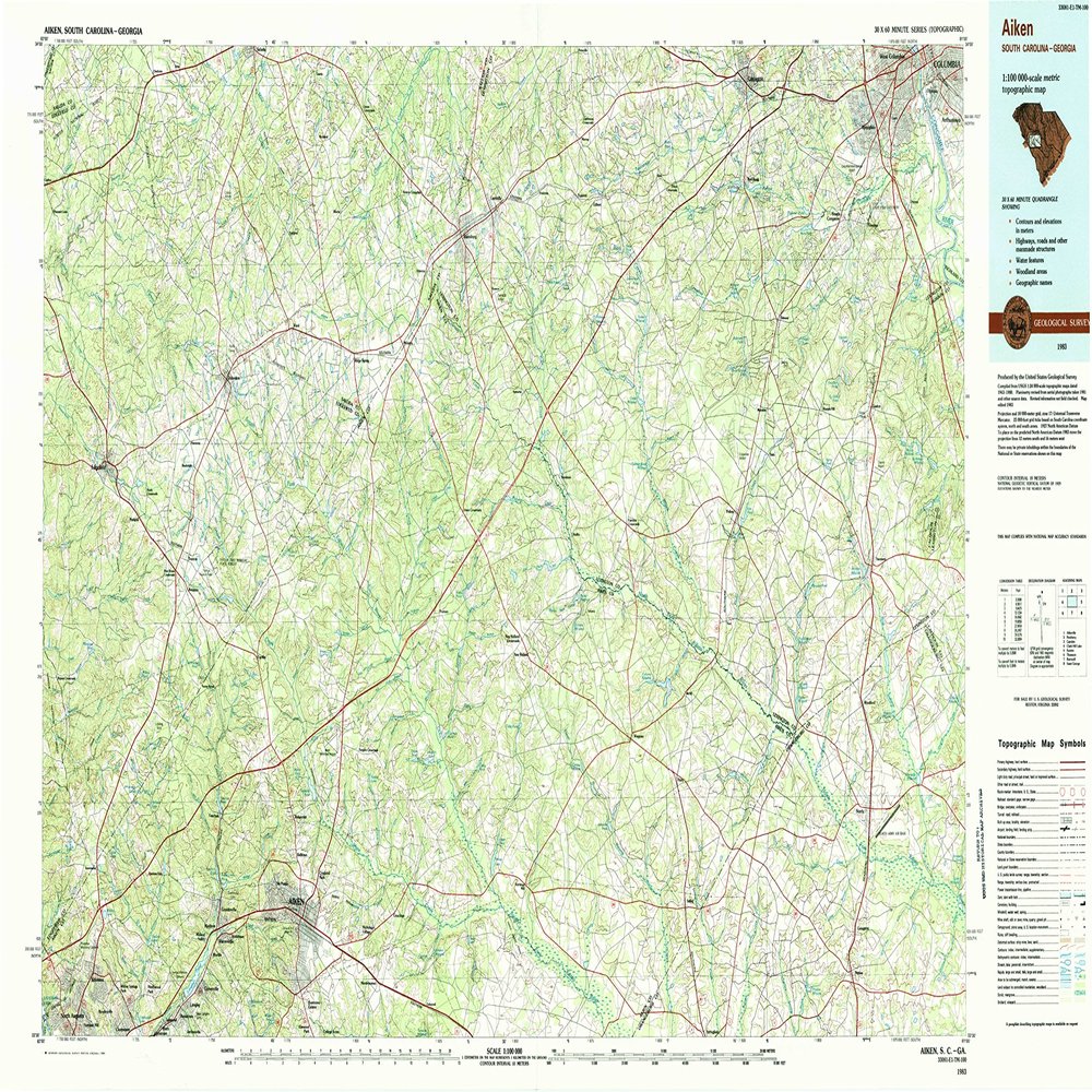 YellowMaps Aiken SC topo map, 1:100000 Scale, 30 X 60 Minute, Historical, 1983, Updated 1984, 24.1 x 43.2 in - Polypropylene