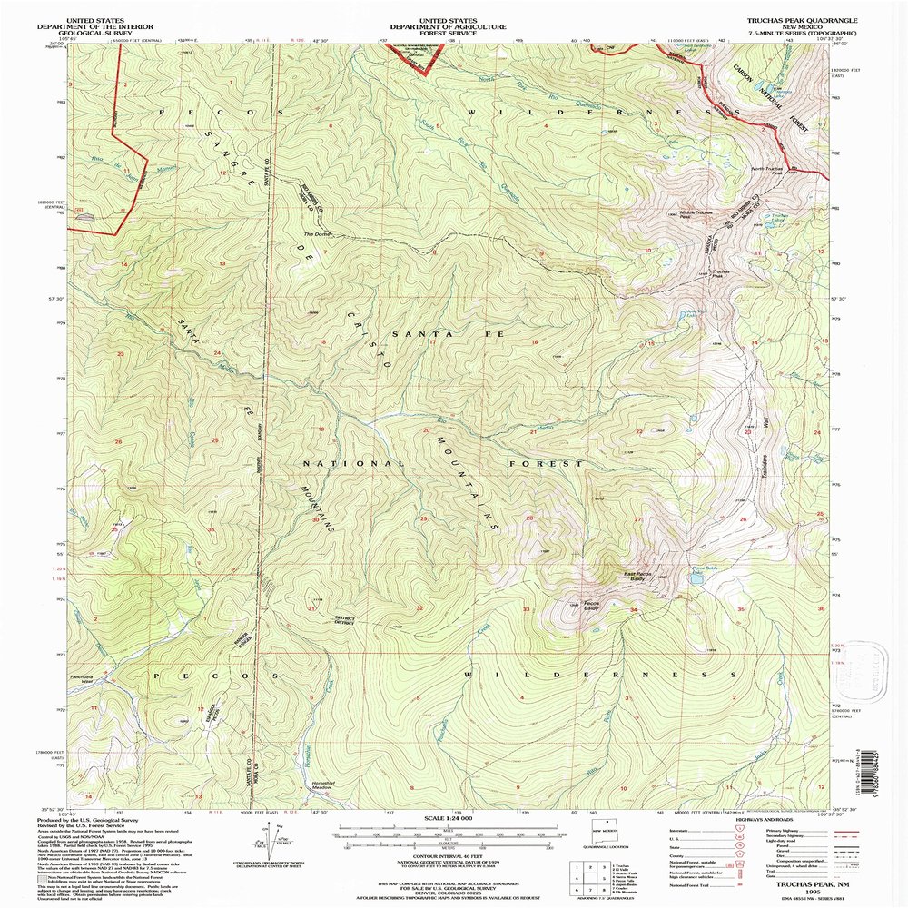 YellowMaps Truchas Peak NM topo map, 1:24000 Scale, 7.5 X 7.5 Minute, Historical, 1995, Updated 1997, 27 x 22 in - Polypropylene