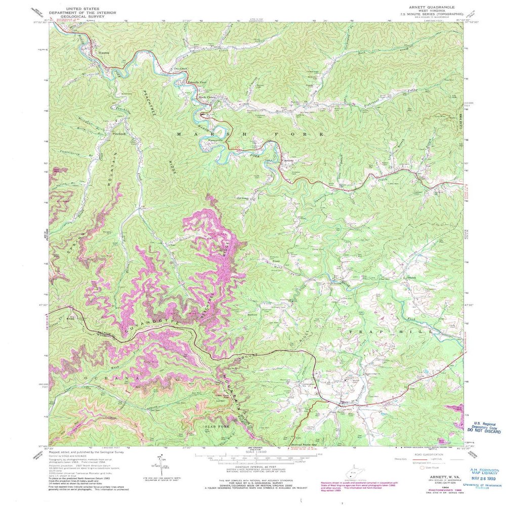 YellowMaps Arnett WV topo map, 1:24000 Scale, 7.5 X 7.5 Minute, Historical, 1964, Updated 1989, 27.2 x 22 in - Polypropylene