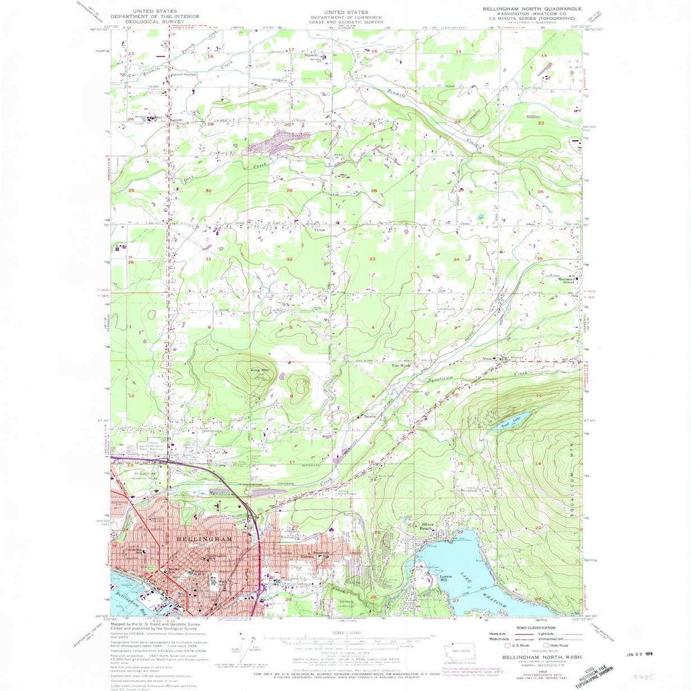 Bellingham North WA topo map, 1:24000 Scale, 7.5 X 7.5 Minute, Historical, 1954, Updated 1974, 26.9 x 22.1 in - Polypropylene