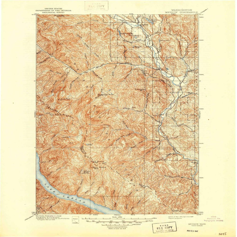 Methow WA topo map, 1:125000 Scale, 30 X 30 Minute, Historical, 1901, Updated 1947, 20.8 x 17.1 in - Tyvek