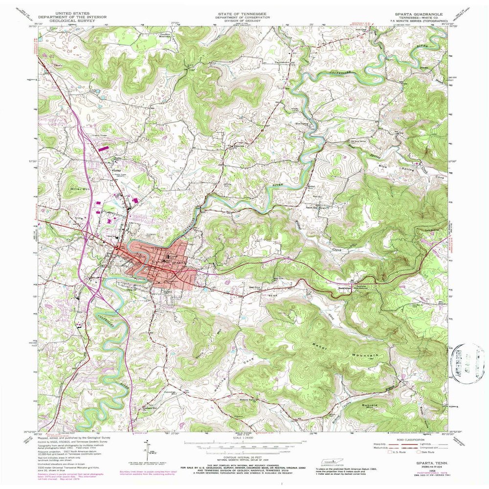 YellowMaps Sparta TN topo map, 1:24000 Scale, 7.5 X 7.5 Minute, Historical, 1954, Updated 1980, 27.4 x 22 in - Tyvek