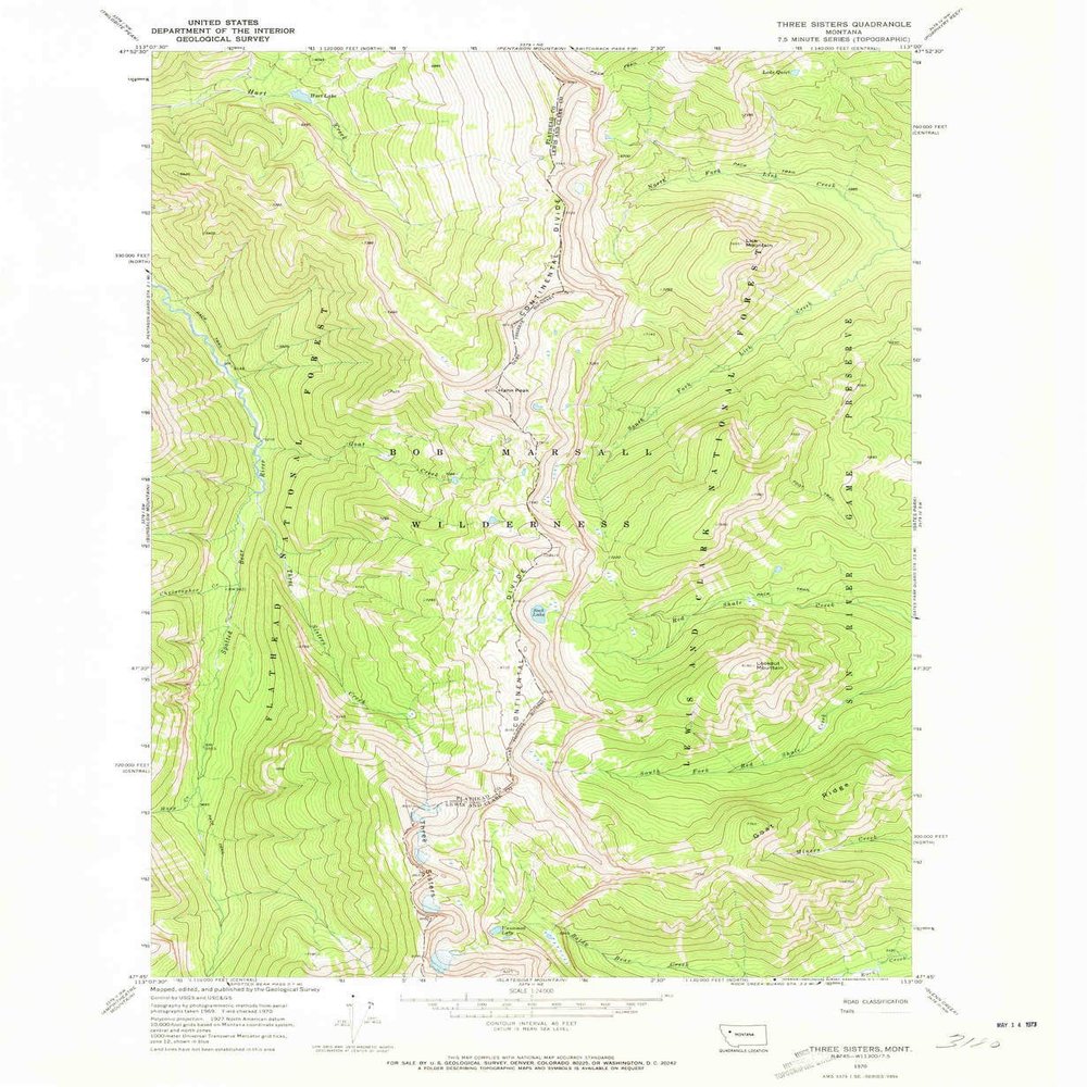 YellowMaps Three Sisters MT topo map, 1:24000 Scale, 7.5 X 7.5 Minute, Historical, 1970, Updated 1973, 26.8 x 22 in - Tyvek
