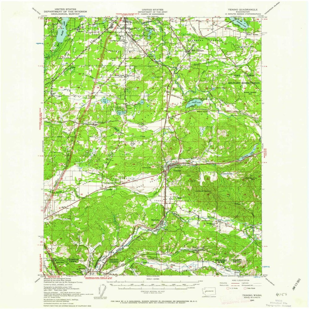 YellowMaps Tenino WA topo map, 1:62500 Scale, 15 X 15 Minute, Historical, 1949, Updated 1962, 21 x 17 in - Polypropylene