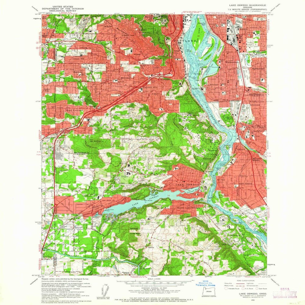 YellowMaps Lake Oswego OR topo map, 1:24000 Scale, 7.5 X 7.5 Minute, Historical, 1961, Updated 1962, 26.8 x 22 in - Tyvek