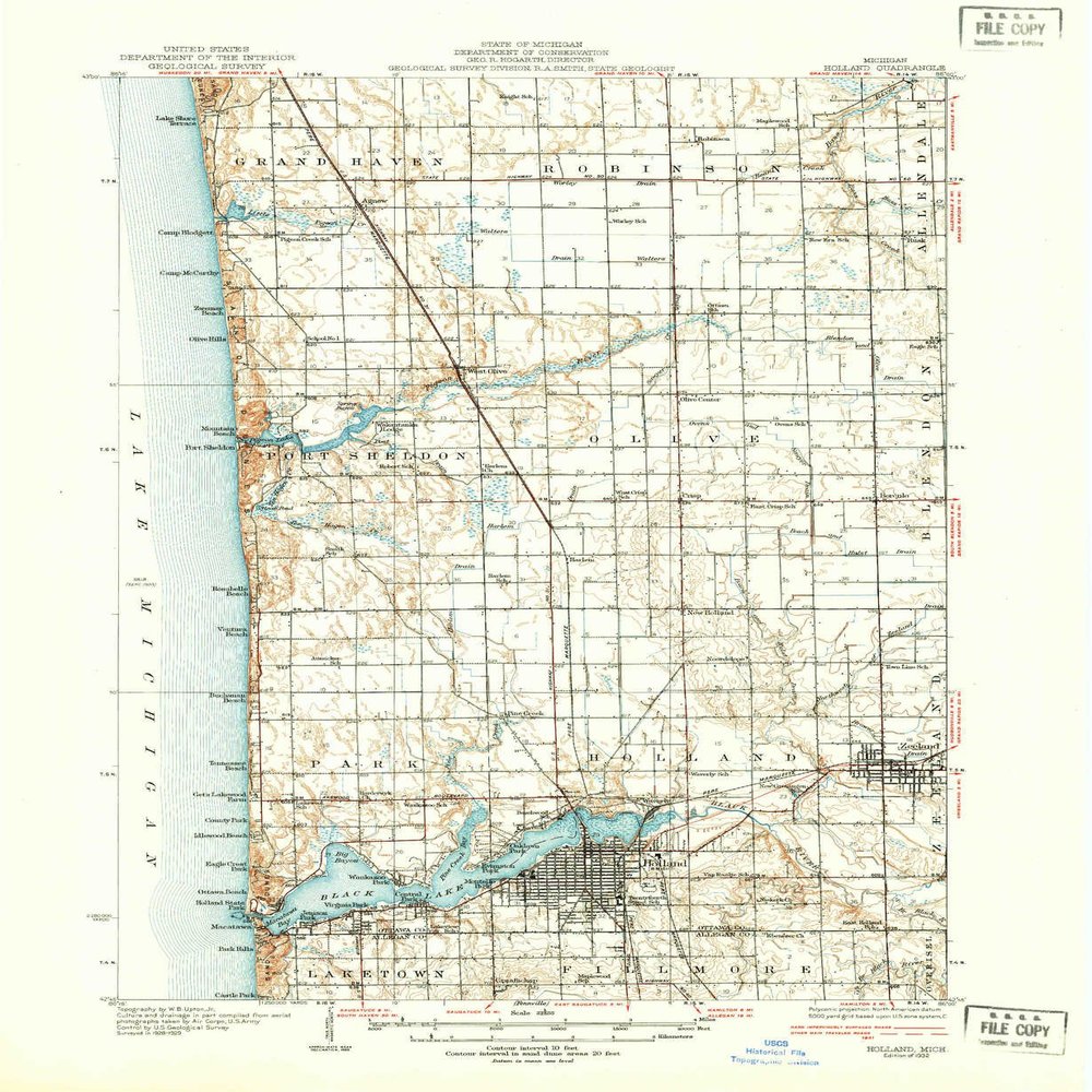YellowMaps Holland MI topo map, 1:62500 Scale, 15 X 15 Minute, Historical, 1932, 20.7 x 17 in - Polypropylene