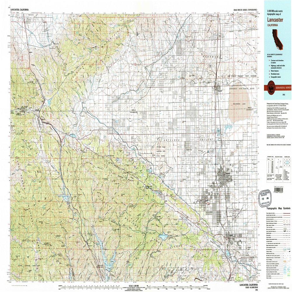 YellowMaps Lancaster CA topo map, 1:100000 Scale, 30 X 60 Minute, Historical, 1981, Updated 1984, 23.9 x 42.6 in - Polypropylene