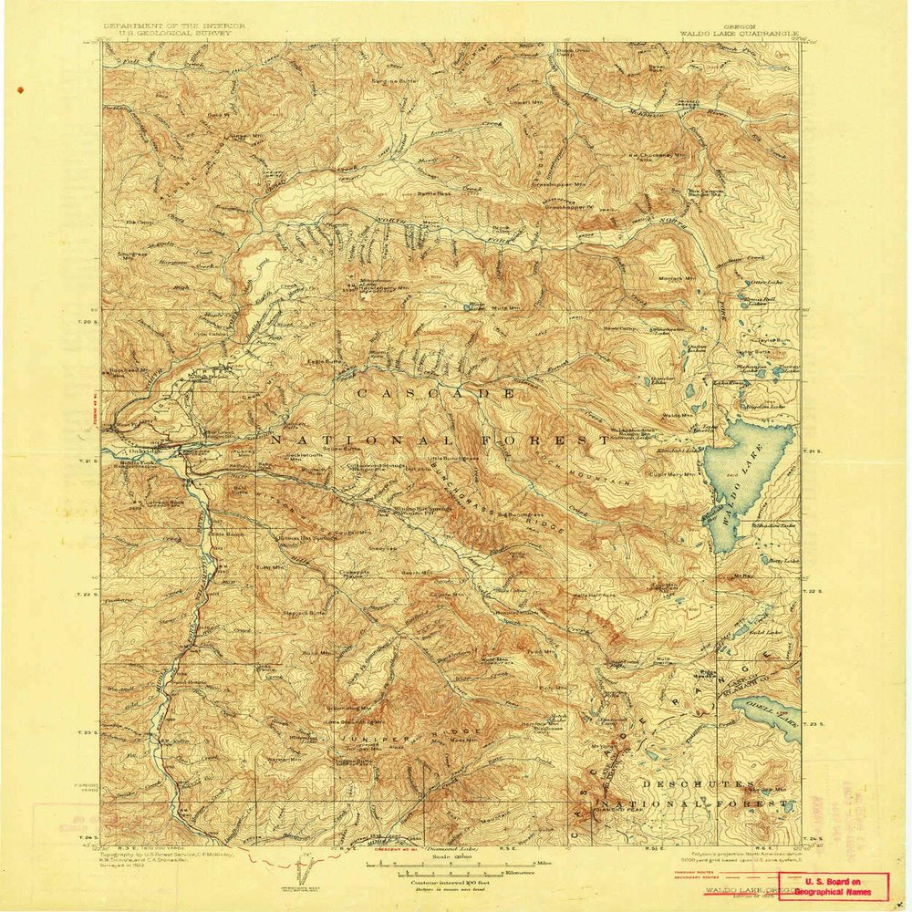 YellowMaps Waldo Lake OR topo map, 1:125000 Scale, 30 X 30 Minute, Historical, 1925, Updated 1925, 19.9 x 16.6 in - Tyvek