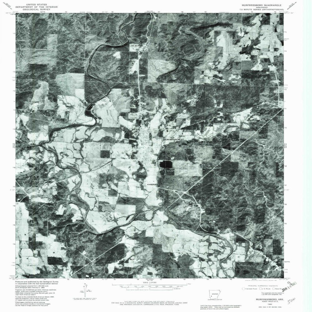 YellowMaps Murfreesboro AR topo map, 1:24000 Scale, 7.5 X 7.5 Minute, Historical, 1980, Updated 1982, 26.7 x 22 in - Polypropylene