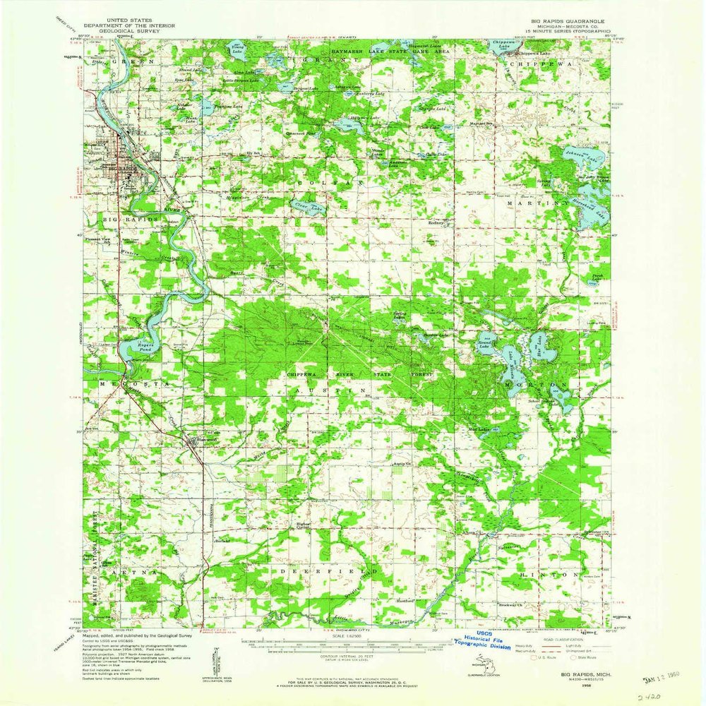 YellowMaps Big Rapids MI topo map, 1:62500 Scale, 15 X 15 Minute, Historical, 1958, Updated 1960, 21 x 17 in - Polypropylene