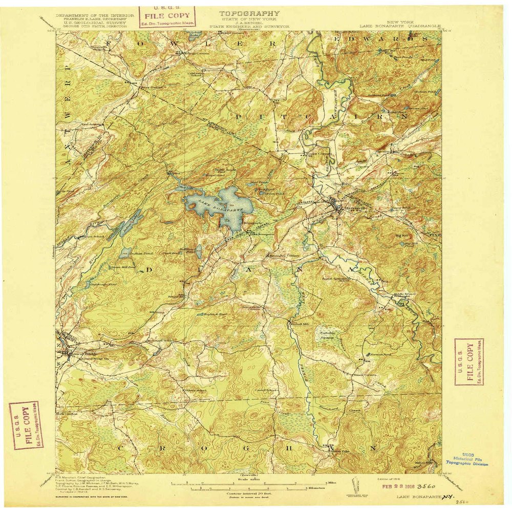 YellowMaps Lake Bonaparte NY topo map, 1:62500 Scale, 15 X 15 Minute, Historical, 1916, 20.1 x 16.6 in - Polypropylene