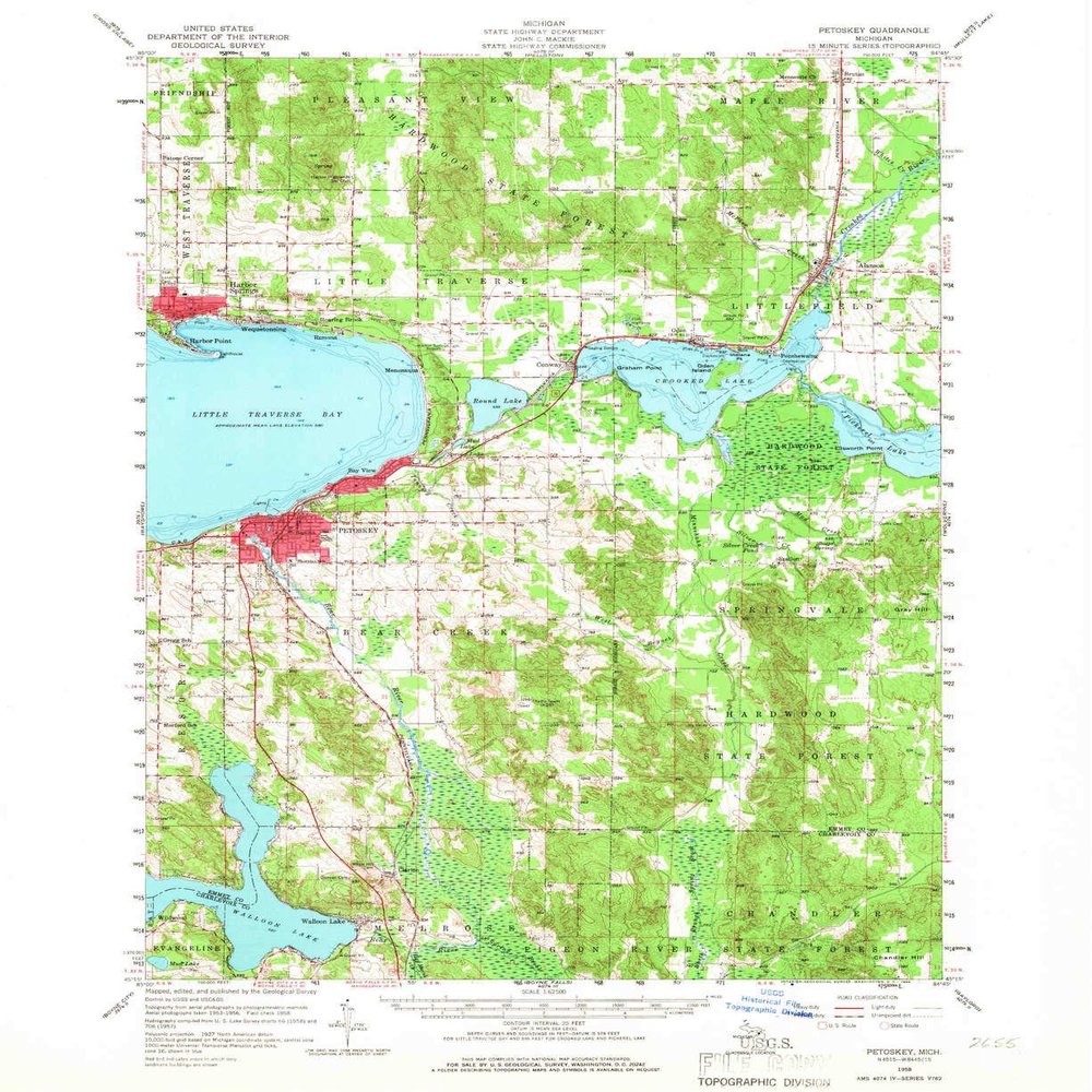 YellowMaps Petoskey MI topo map, 1:62500 Scale, 15 X 15 Minute, Historical, 1958, Updated 1966, 20.7 x 16.9 in - Polypropylene