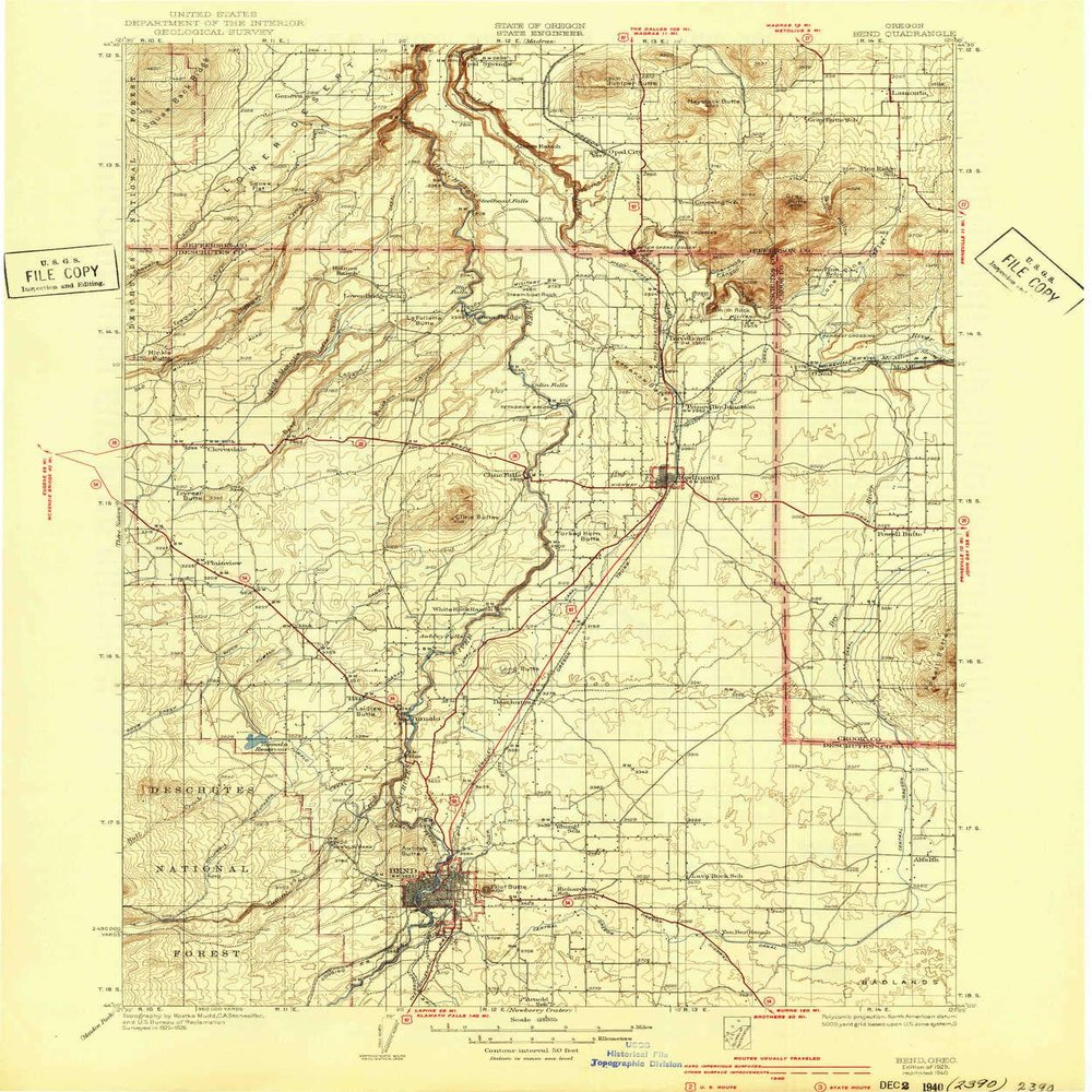 YellowMaps Bend OR topo map, 1:125000 Scale, 30 X 30 Minute, Historical, 1929, Updated 1940, 19.9 x 16.6 in - Tyvek