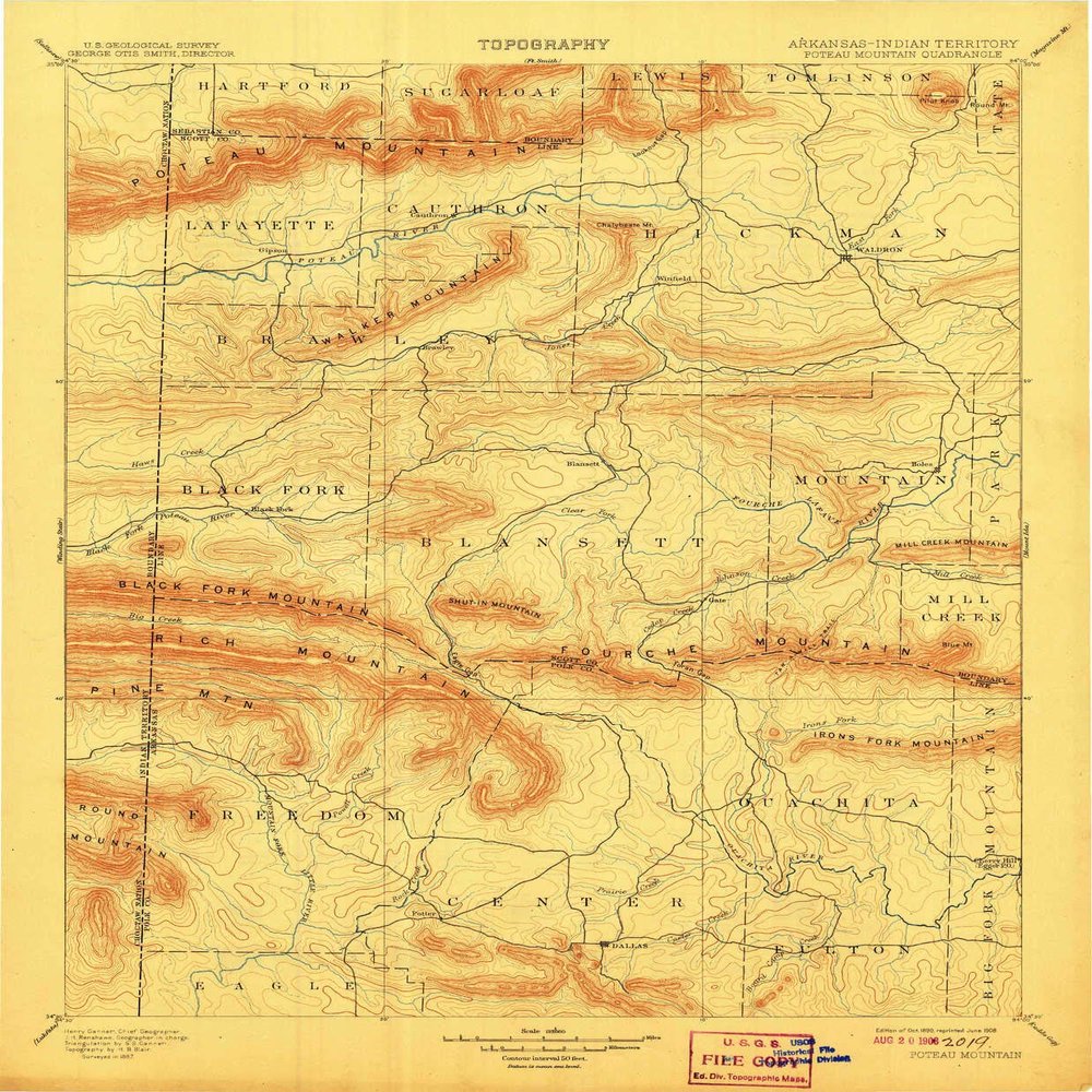 YellowMaps Poteau Mountain AR topo map, 1:125000 Scale, 30 X 30 Minute, Historical, 1899, Updated 1908, 20 x 16.5 in - Tyvek