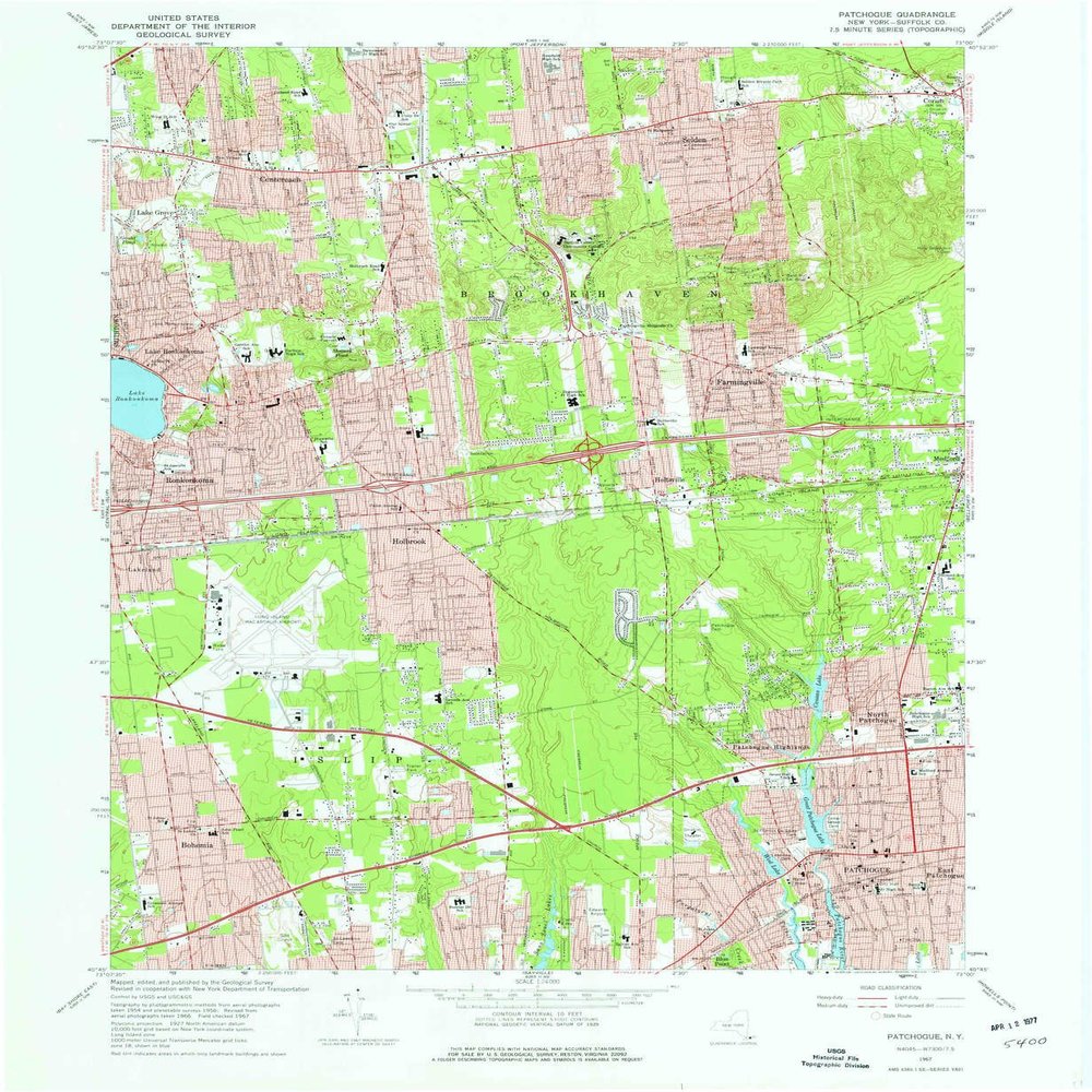YellowMaps Patchogue NY topo map, 1:24000 Scale, 7.5 X 7.5 Minute, Historical, 1967, Updated 1977, 26.9 x 22 in - Polypropylene