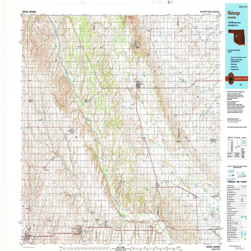 YellowMaps Watonga OK topo map, 1:100000 Scale, 30 X 60 Minute, Historical, 1985, Updated 1990, 24 x 45.2 in - Polypropylene