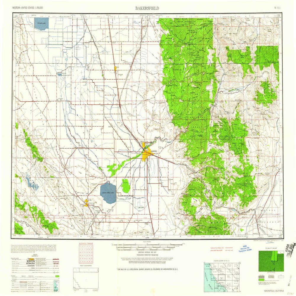 YellowMaps Bakersfield CA topo map, 1:250000 Scale, 1 X 2 Degree, Historical, 1960, Updated 1960, 23.9 x 32 in - Polypropylene