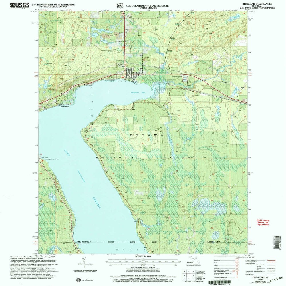YellowMaps Bergland MI topo map, 1:24000 Scale, 7.5 X 7.5 Minute, Historical, 1999, Updated 2004, 27 x 21.6 in - Polypropylene