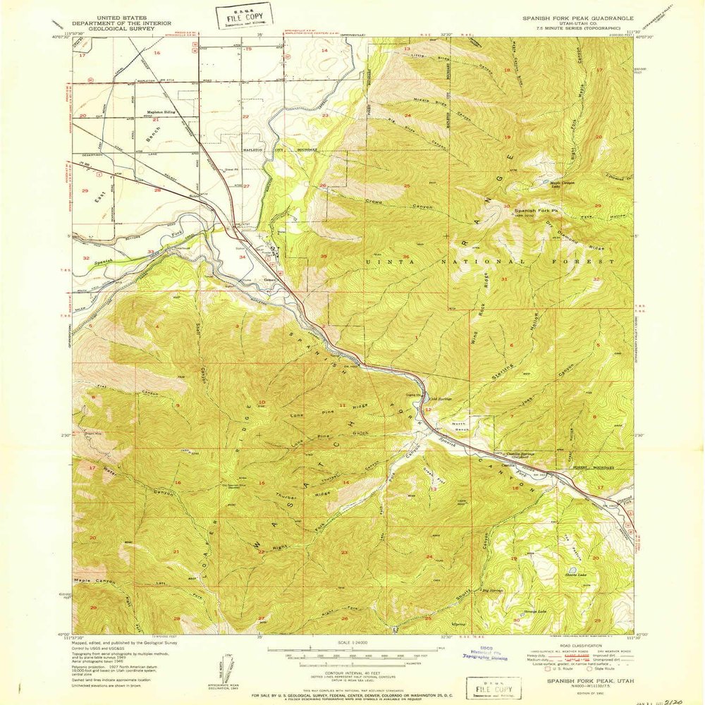 YellowMaps Spanish Fork Peak UT topo map, 1:24000 Scale, 7.5 X 7.5 Minute, Historical, 1951, 26.9 x 22 in - Polypropylene