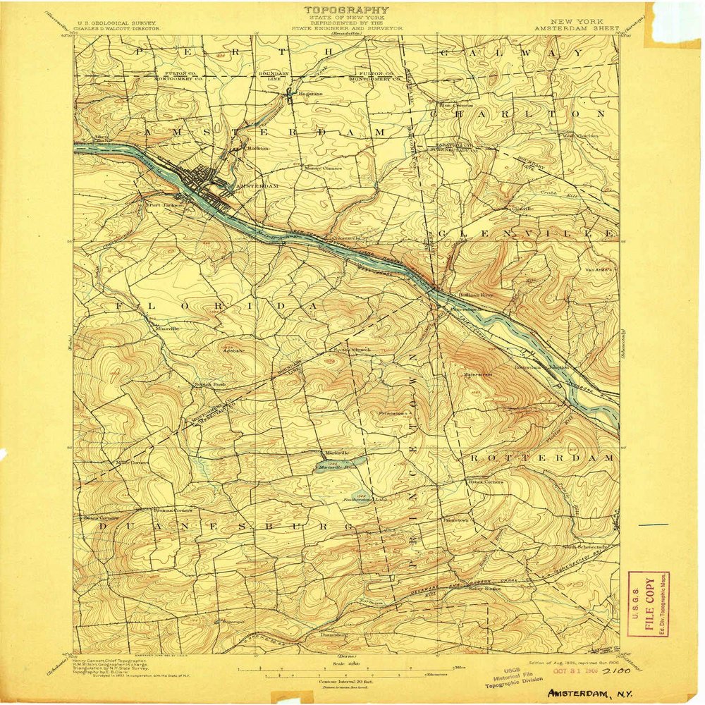 YellowMaps Amsterdam NY topo map, 1:62500 Scale, 15 X 15 Minute, Historical, 1895, Updated 1906, 19.9 x 16.6 in - Polypropylene