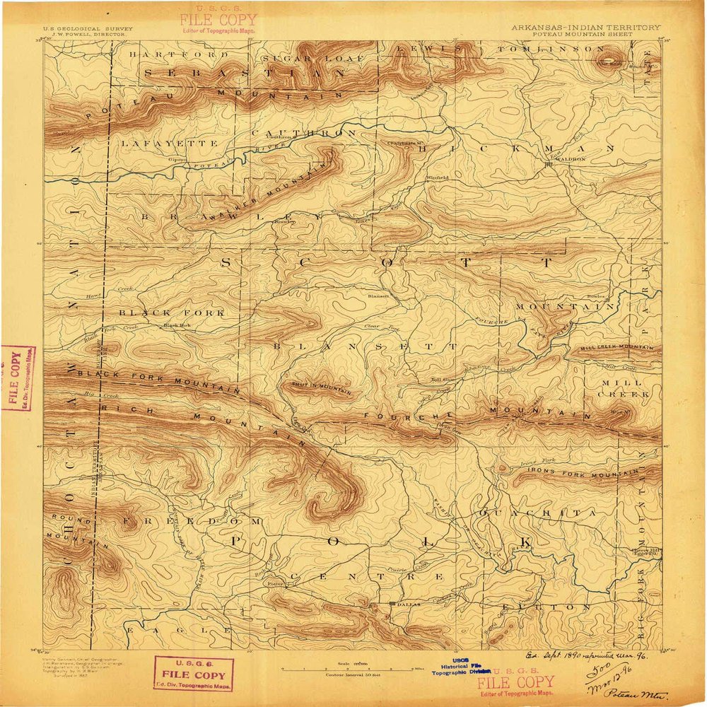 YellowMaps Poteau Mountain AR topo map, 1:125000 Scale, 30 X 30 Minute, Historical, 1890, Updated 1896, 20.3 x 16.5 in - Tyvek