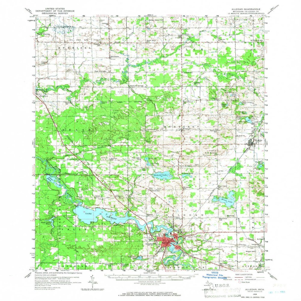YellowMaps Allegan MI topo map, 1:62500 Scale, 15 X 15 Minute, Historical, 1958, Updated 1966, 20.8 x 17 in - Polypropylene