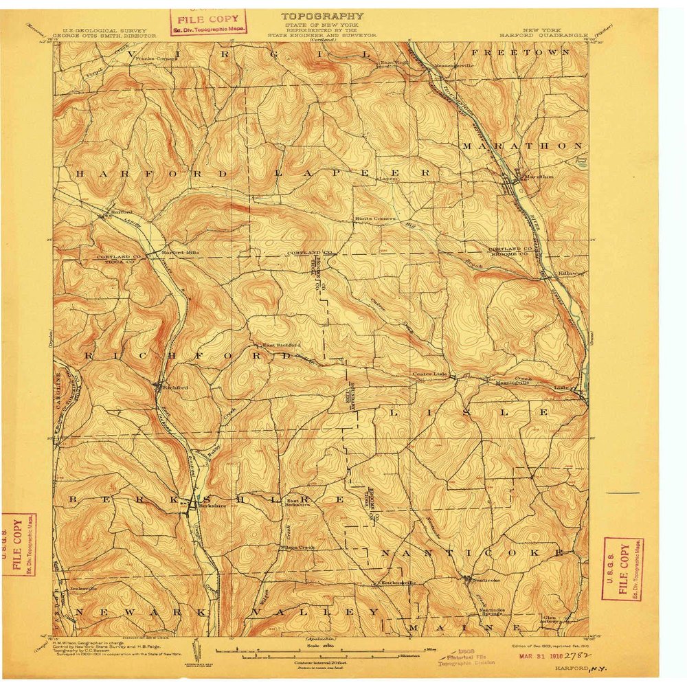 YellowMaps Harford NY topo map, 1:62500 Scale, 15 X 15 Minute, Historical, 1903, Updated 1910, 20.1 x 16.6 in - Tyvek