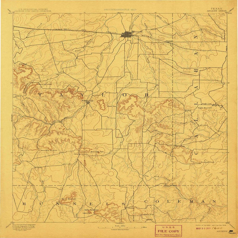 YellowMaps Abilene TX topo map, 1:125000 Scale, 30 X 30 Minute, Historical, 1892, Updated 1908, 19.9 x 16.5 in - Tyvek