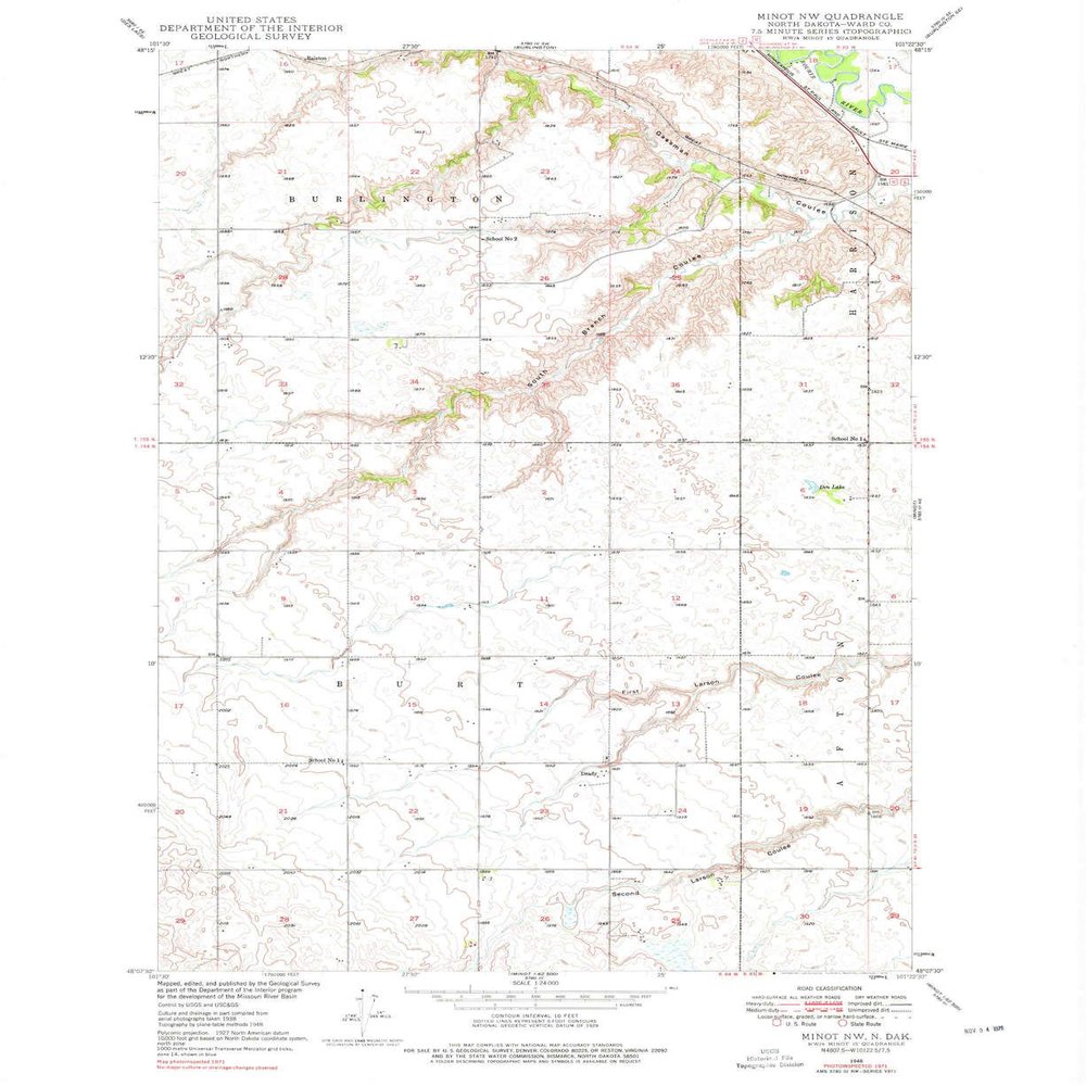 YellowMaps Minot NW ND topo map, 1:24000 Scale, 7.5 X 7.5 Minute, Historical, 1948, Updated 1976, 26.9 x 22 in - Polypropylene