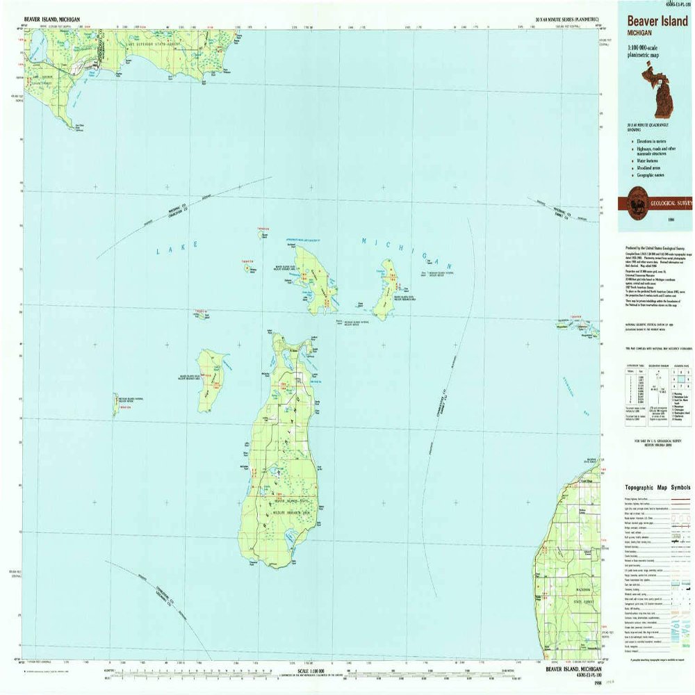 YellowMaps Beaver Island MI topo map, 1:100000 Scale, 30 X 60 Minute, Historical, 1984, Updated 1985, 24.1 x 36.9 in - Tyvek
