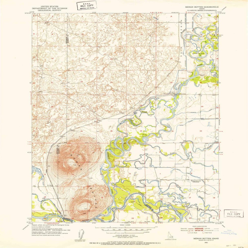 YellowMaps Menan Buttes ID topo map, 1:24000 Scale, 7.5 X 7.5 Minute, Historical, 1951, Updated 1953, 27 x 21.9 in - Tyvek