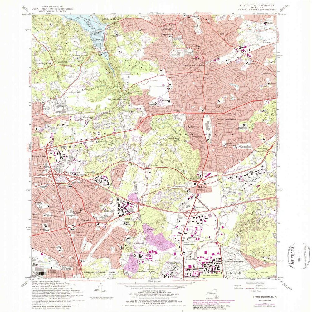 YellowMaps Huntington NY topo map, 1:24000 Scale, 7.5 X 7.5 Minute, Historical, 1967, Updated 1989, 27 x 22 in - Polypropylene