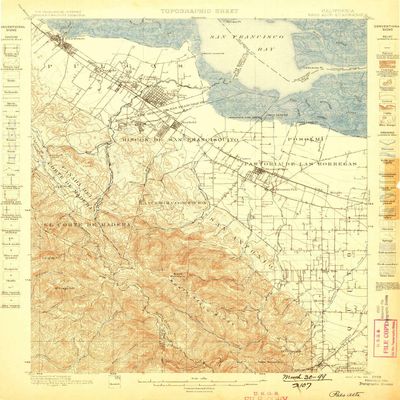 YellowMaps Palo Alto CA topo map, 1:62500 Scale, 15 X 15 Minute, Historical, 1899, 19.8 x 16.6 in - Tyvek