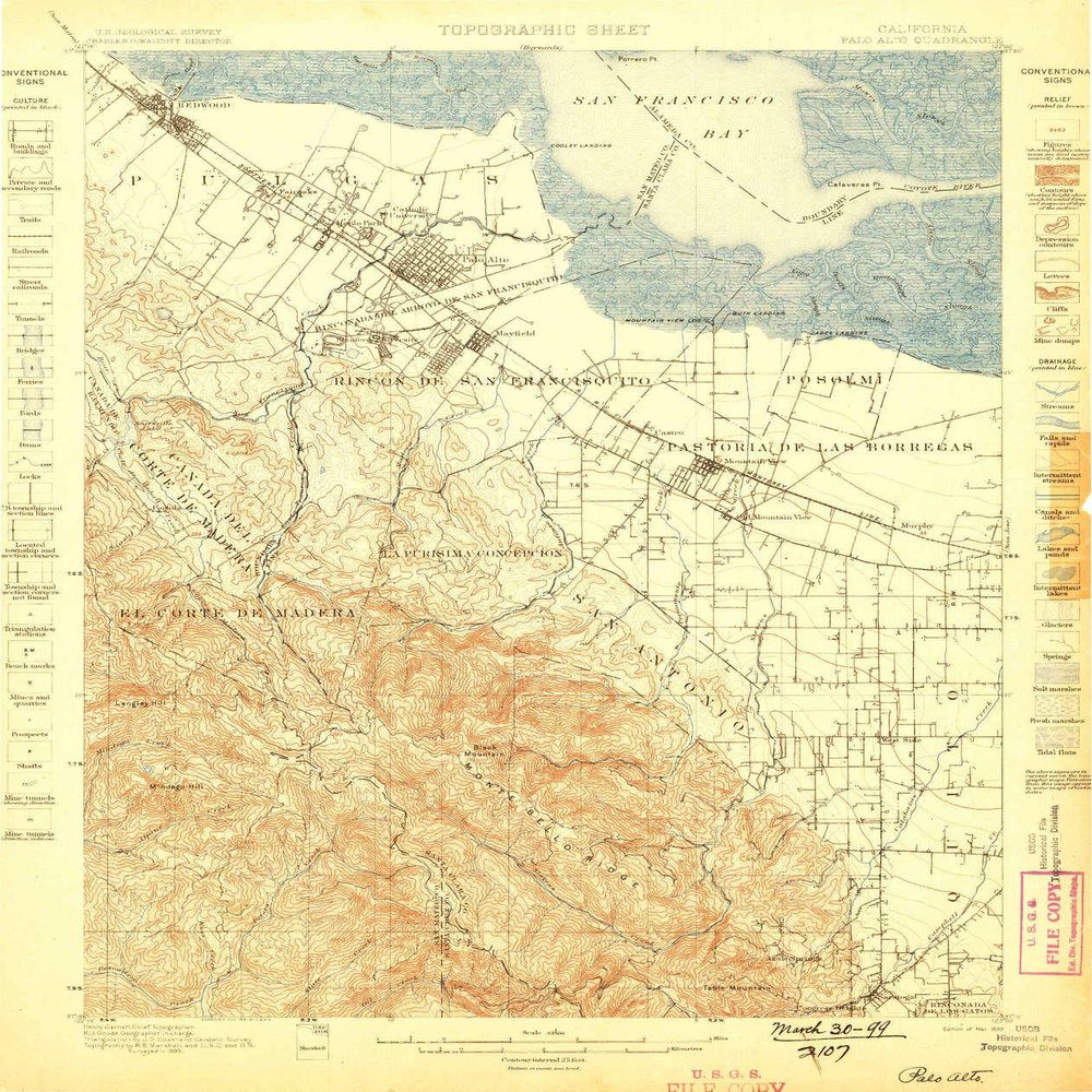 YellowMaps Palo Alto CA topo map, 1:62500 Scale, 15 X 15 Minute, Historical, 1899, 19.8 x 16.6 in - Tyvek