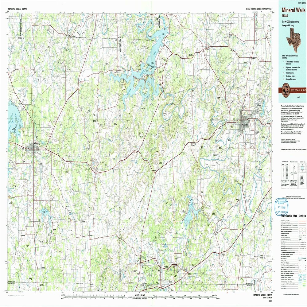 Mineral Wells TX topo map, 1:100000 Scale, 30 X 60 Minute, Historical, 1985, Updated 1992, 24.1 x 42.9 in - Polypropylene