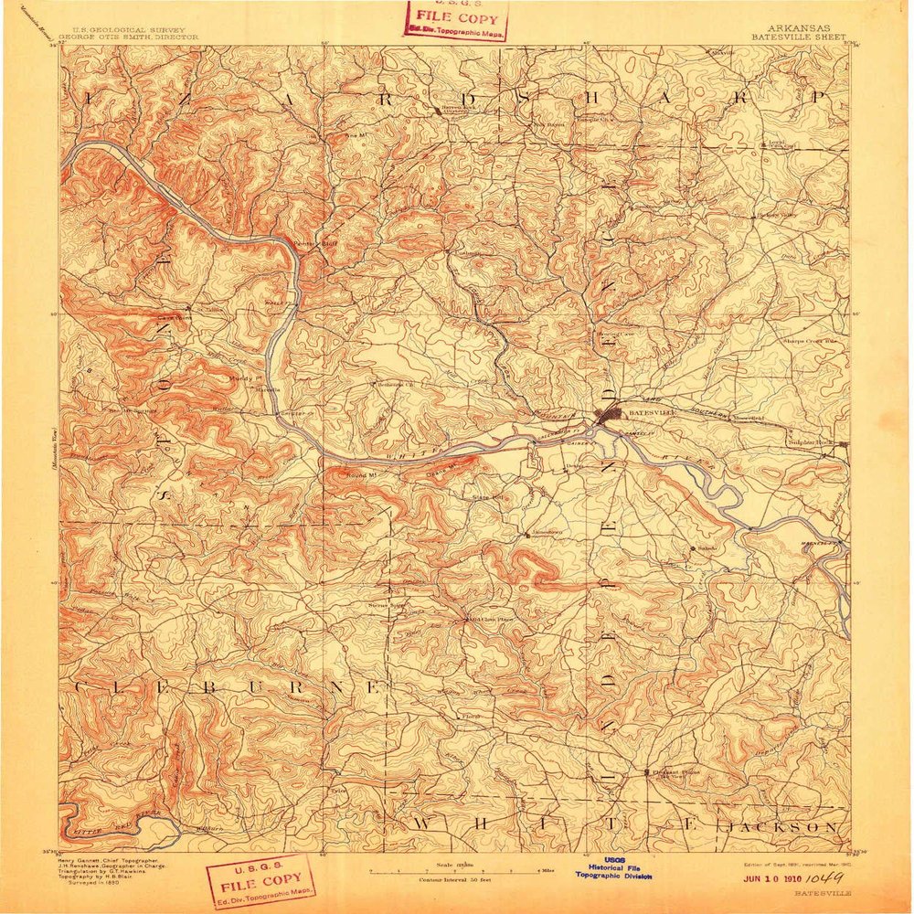 YellowMaps Batesville AR topo map, 1:125000 Scale, 30 X 30 Minute, Historical, 1891, Updated 1910, 19.8 x 16.5 in - Polypropylene