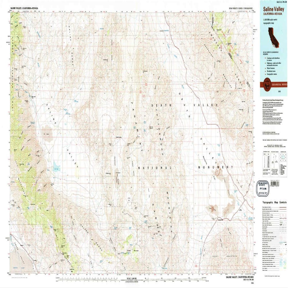 YellowMaps Saline Valley CA topo map, 1:100000 Scale, 30 X 60 Minute, Historical, 1985, Updated 1985, 24.1 x 41.7 in - Polypropylene