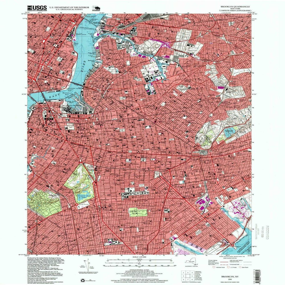YellowMaps Brooklyn NY topo map, 1:24000 Scale, 7.5 X 7.5 Minute, Historical, 1995, Updated 1999, 26.9 x 22 in - Polypropylene