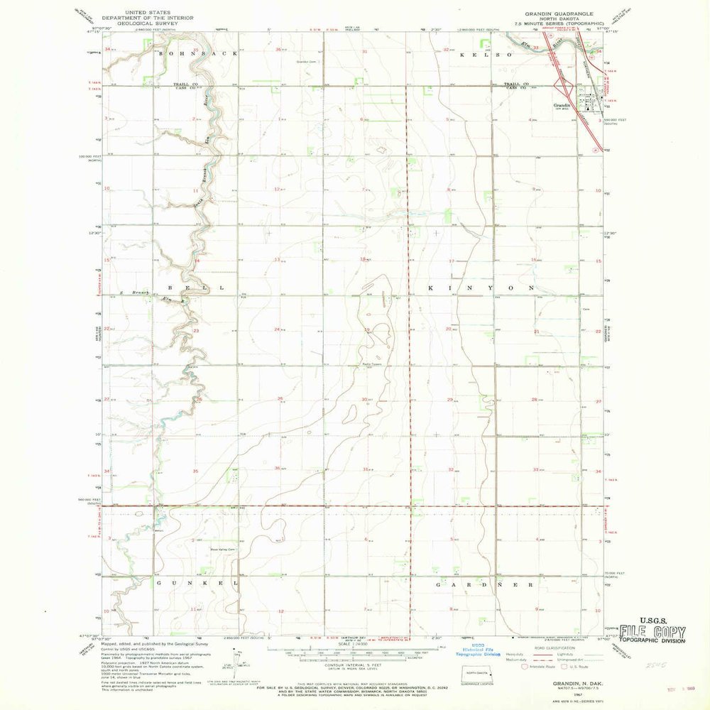 YellowMaps Grandin ND topo map, 1:24000 Scale, 7.5 X 7.5 Minute, Historical, 1967, Updated 1969, 26.8 x 22 in - Polypropylene