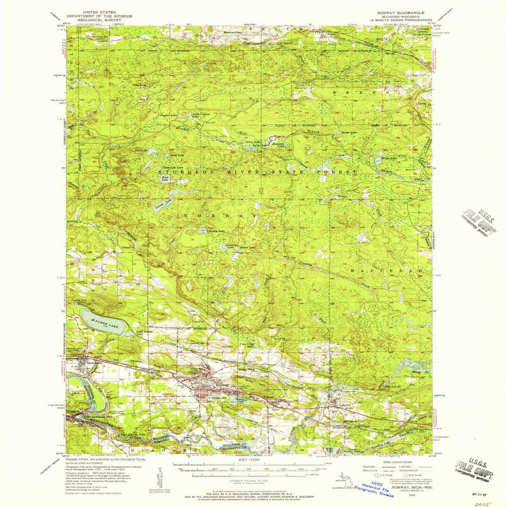 YellowMaps Norway MI topo map, 1:62500 Scale, 15 X 15 Minute, Historical, 1955, Updated 1957, 20.7 x 17 in - Polypropylene