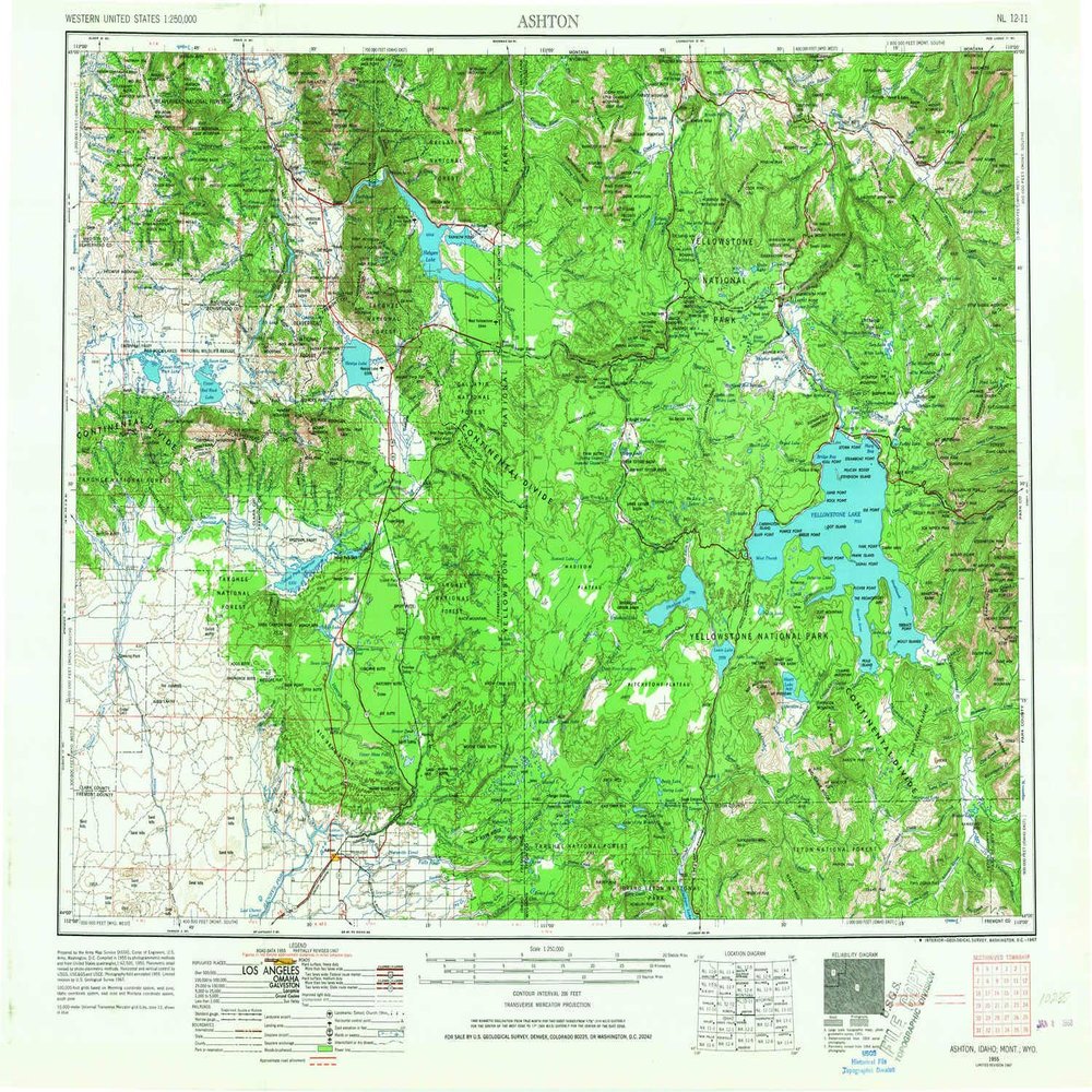 YellowMaps Ashton ID topo map, 1:250000 Scale, 1 X 2 Degree, Historical, 1955, Updated 1967, 22.1 x 29.1 in - Tyvek