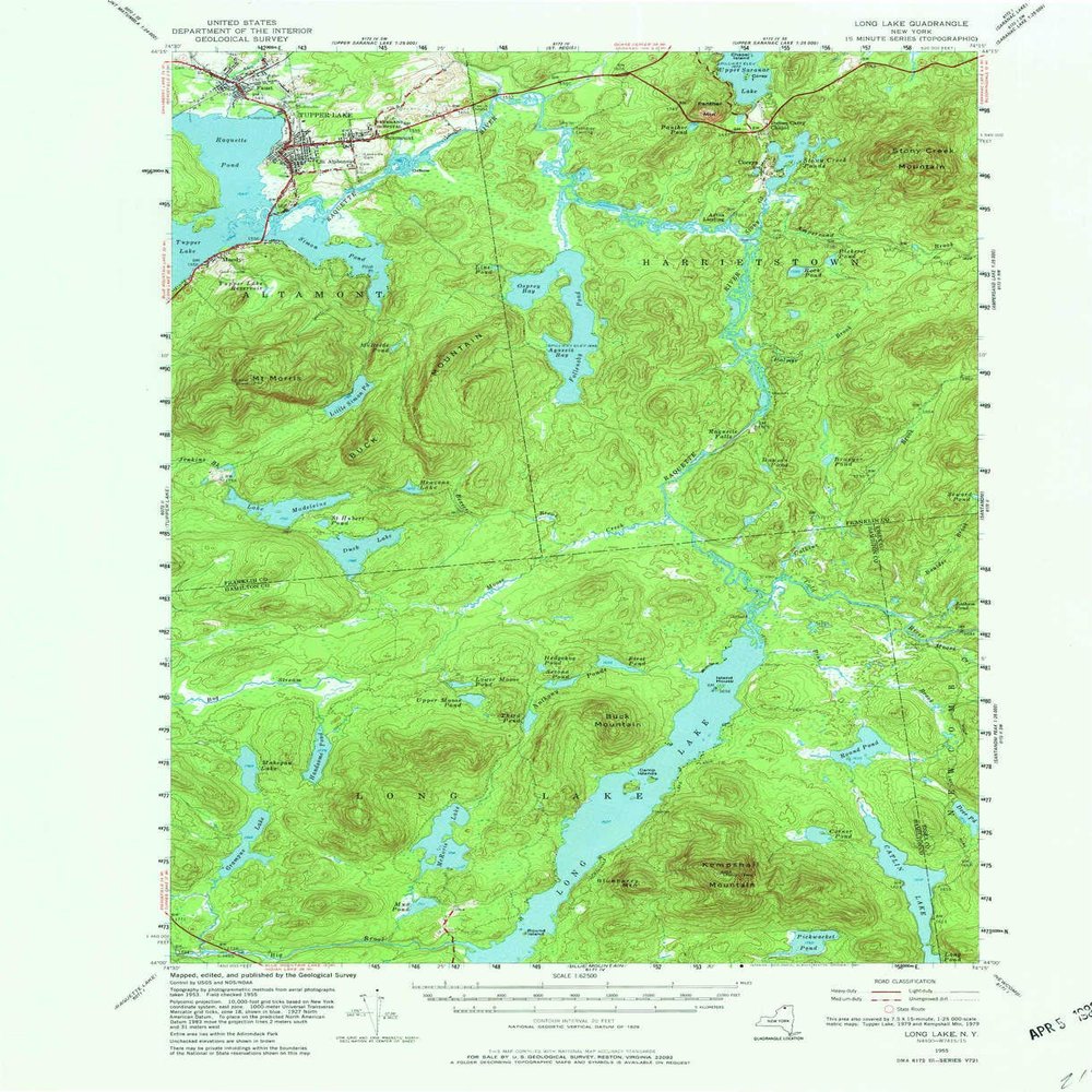 YellowMaps Long Lake NY topo map, 1:62500 Scale, 15 X 15 Minute, Historical, 1955, Updated 1981, 20.9 x 17.1 in - Polypropylene
