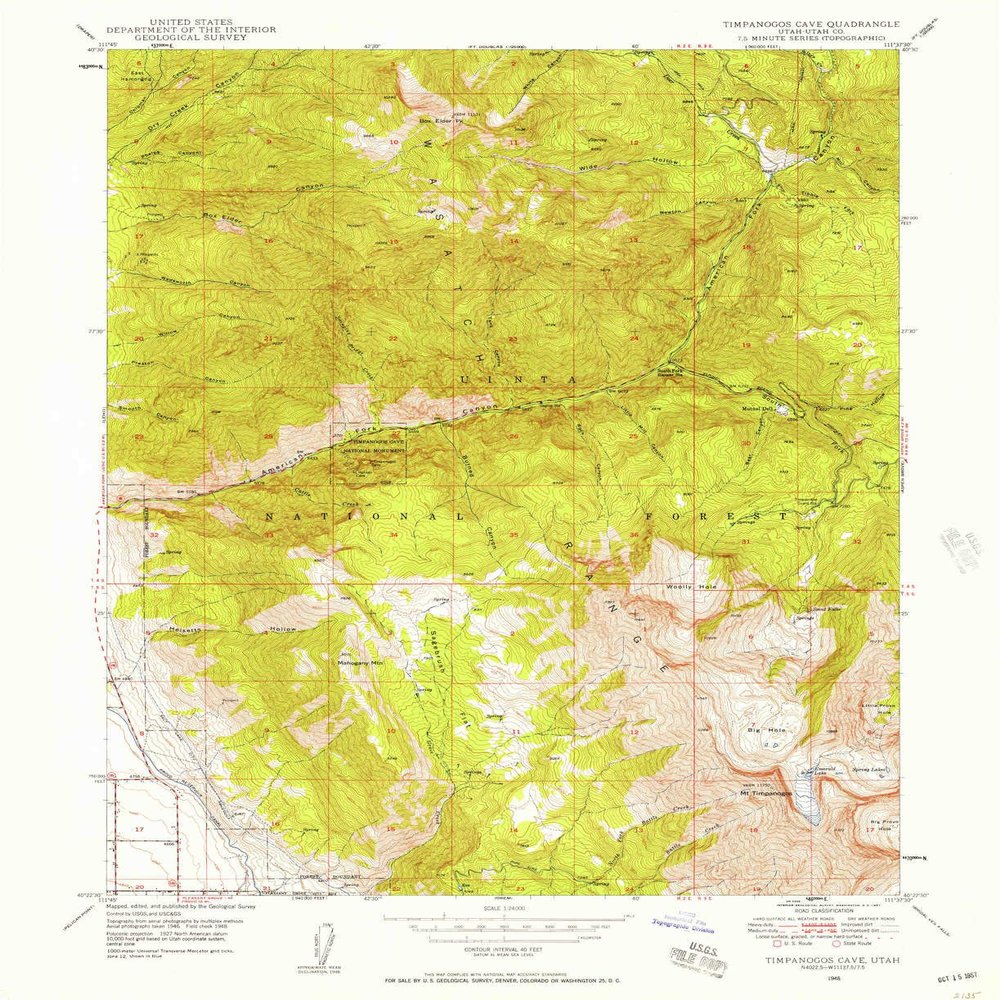 YellowMaps Timpanogos Cave UT topo map, 1:24000 Scale, 7.5 X 7.5 Minute, Historical, 1948, Updated 1957, 26.9 x 22 in - Polypropylene