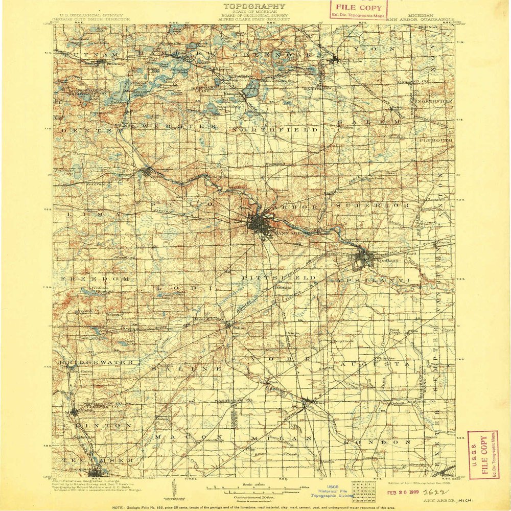 YellowMaps Ann Arbor MI topo map, 1:125000 Scale, 30 X 30 Minute, Historical, 1908, 19.7 x 16.5 in - Polypropylene