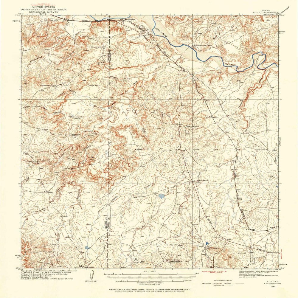 YellowMaps Ady TX topo map, 1:62500 Scale, 15 X 15 Minute, Historical, 1934, Updated 1968, 20.6 x 16.6 in - Polypropylene