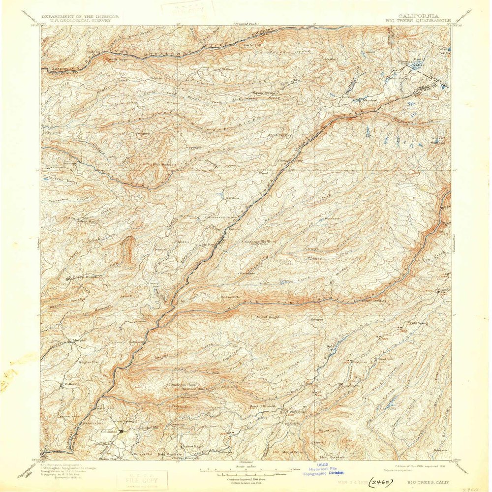 YellowMaps Big Trees CA topo map, 1:125000 Scale, 30 X 30 Minute, Historical, 1901, Updated 1931, 19.8 x 16.5 in - Polypropylene