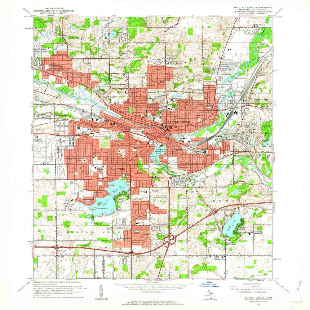 YellowMaps Battle Creek MI topo map, 1:24000 Scale, 7.5 X 7.5 Minute, Historical, 1961, Updated 1962, 27 x 22 in - Polypropylene