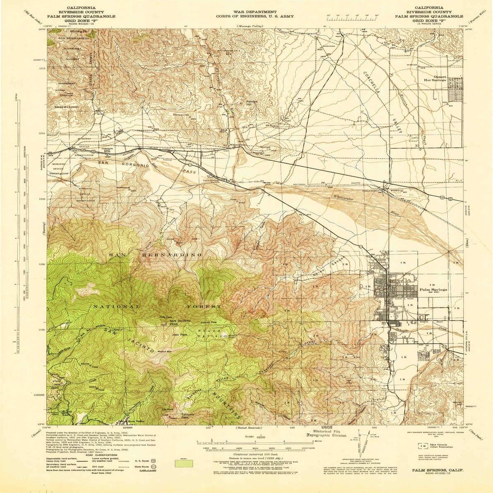 YellowMaps Palm Springs CA topo map, 1:62500 Scale, 15 X 15 Minute, Historical, 1944, 21.7 x 17.2 in - Tyvek