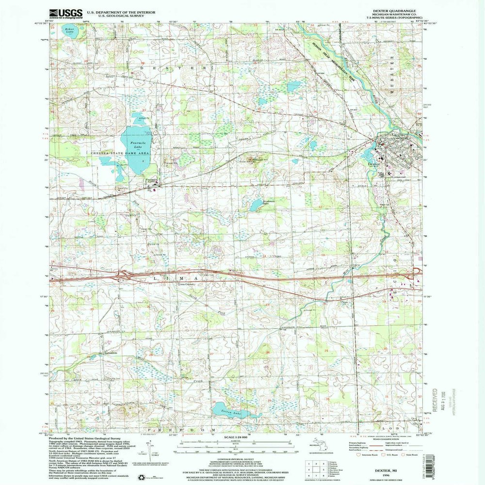 YellowMaps Dexter MI topo map, 1:24000 Scale, 7.5 X 7.5 Minute, Historical, 1996, Updated 2000, 26.9 x 21.9 in - Tyvek