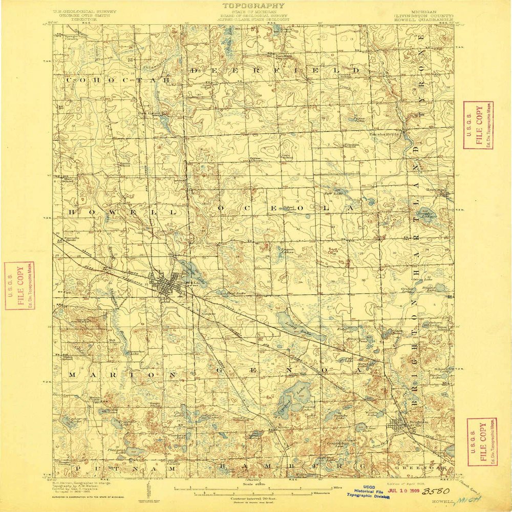 Howell MI topo map, 1:62500 Scale, 15 X 15 Minute, Historical, 1909, 19.7 x 16.5 in - Polypropylene